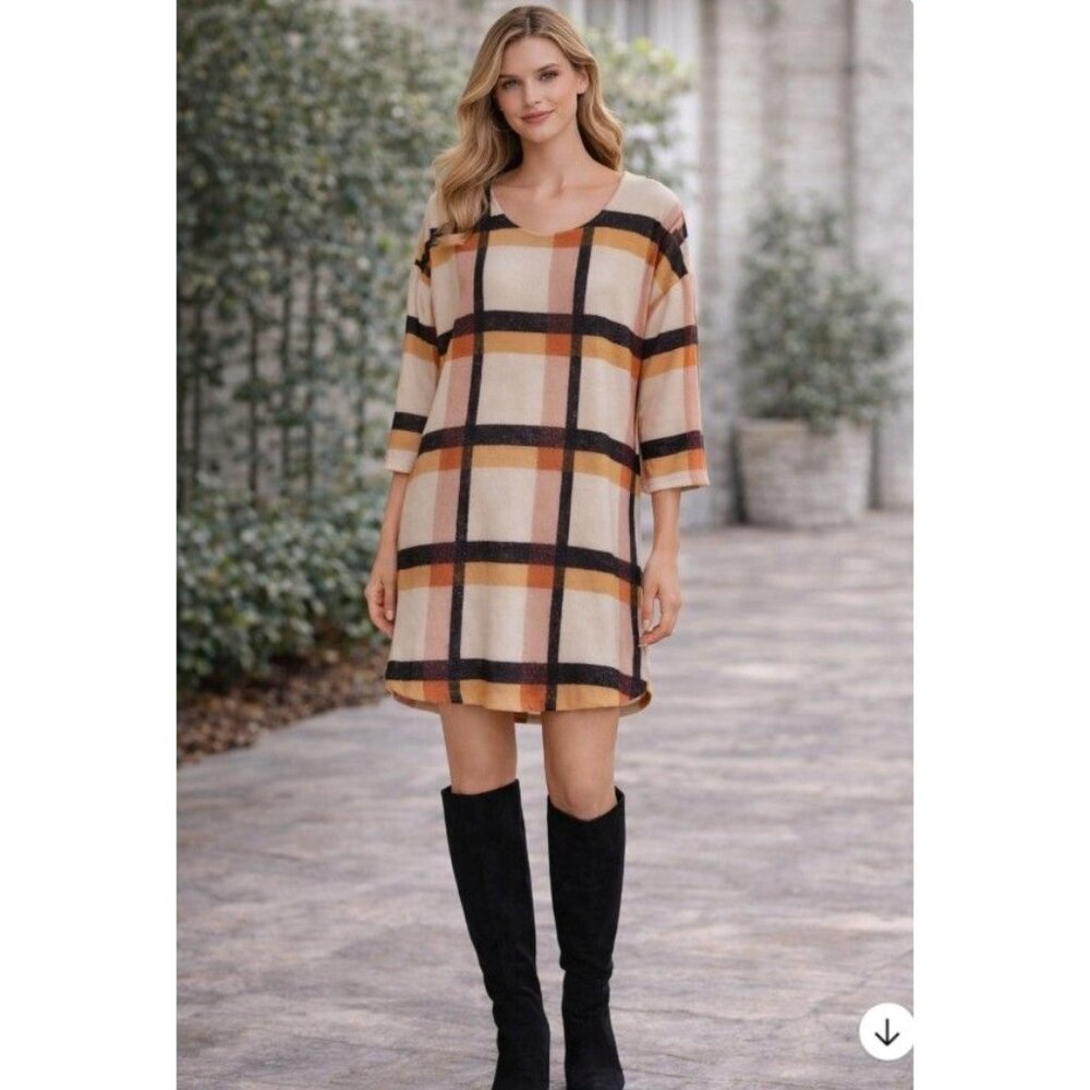 Loramendi Trendy Plaid Lightweight Soft Relaxed Y2K Tunic Neutral L
